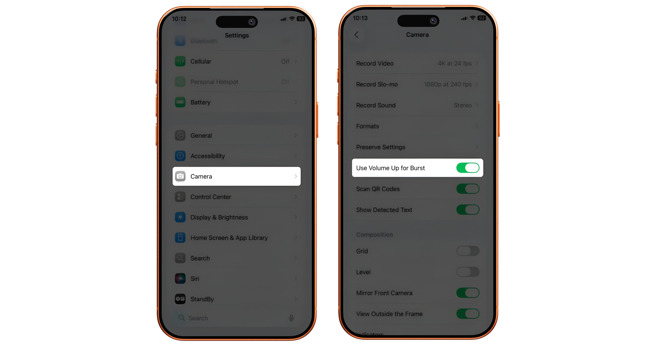 فعال‌سازی عکاسی پیاپی با دکمه ولوم