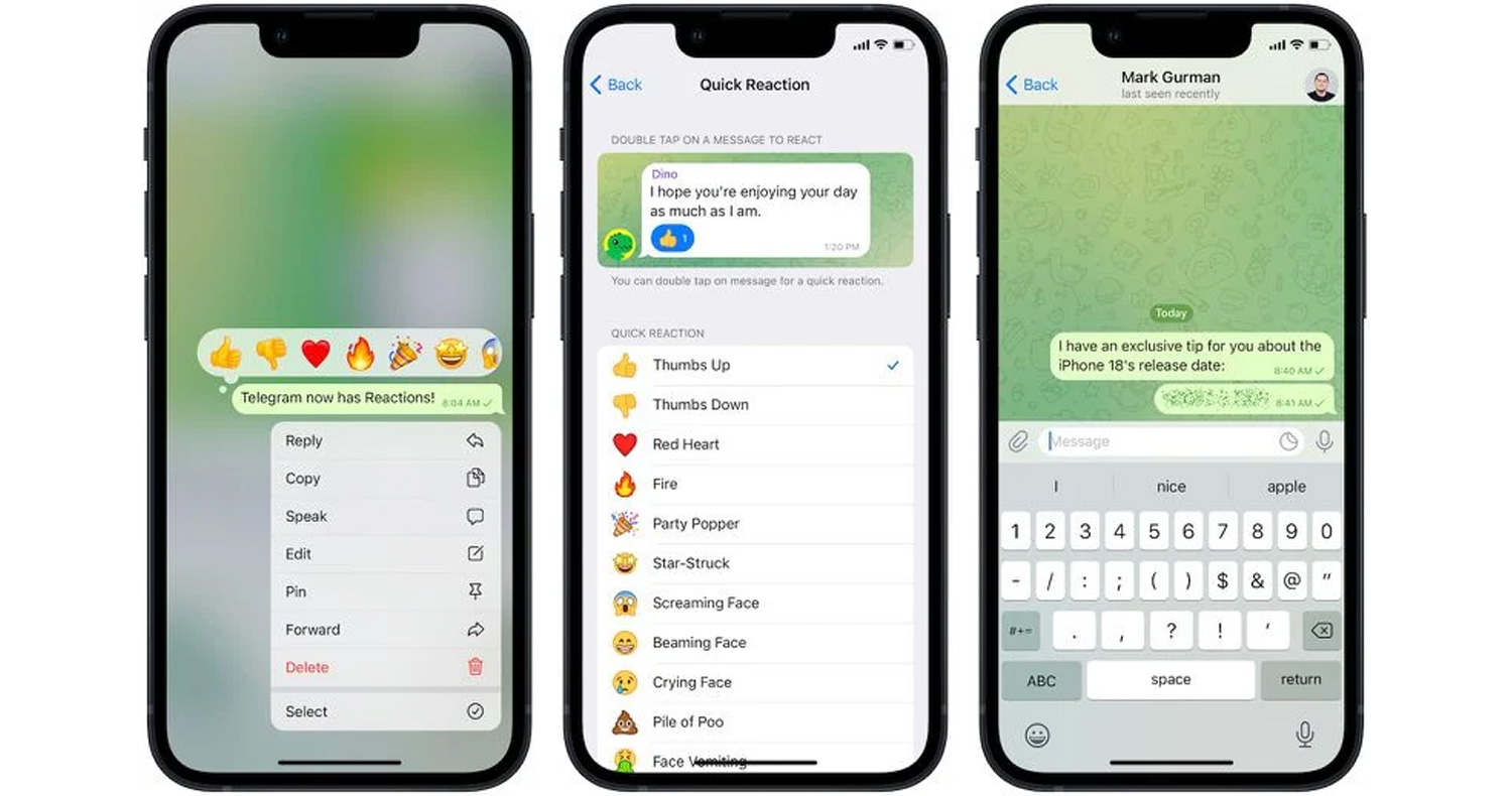 قابلیت ری اکشن به پیام‌ها در تلگرام آپدیت شد