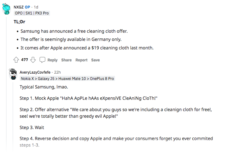 کاربران به اقدام سامسونگ برای تمسخر دستمال اپل واکنش نشان‌ دادند