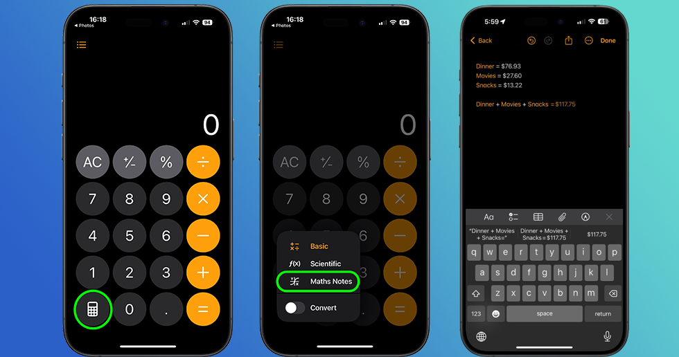 قابلیت گزینه Maths Notes در اپلیکیشن Calculator در گوشی آیفون اپل